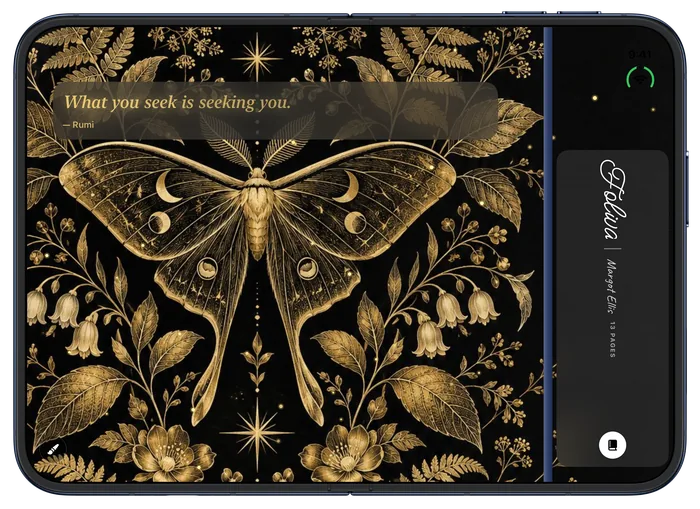 iPhone Duo: a designer cover with a golden moth on black and a quote by Rumi