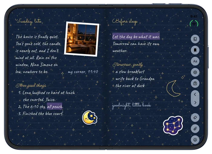 iPhone Duo, open: a night journal on dark starry paper with a photo and stickers