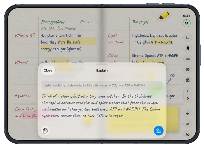 iPhone Duo, open: Sage's Explain answer about light reactions, over study notes on photosynthesis
