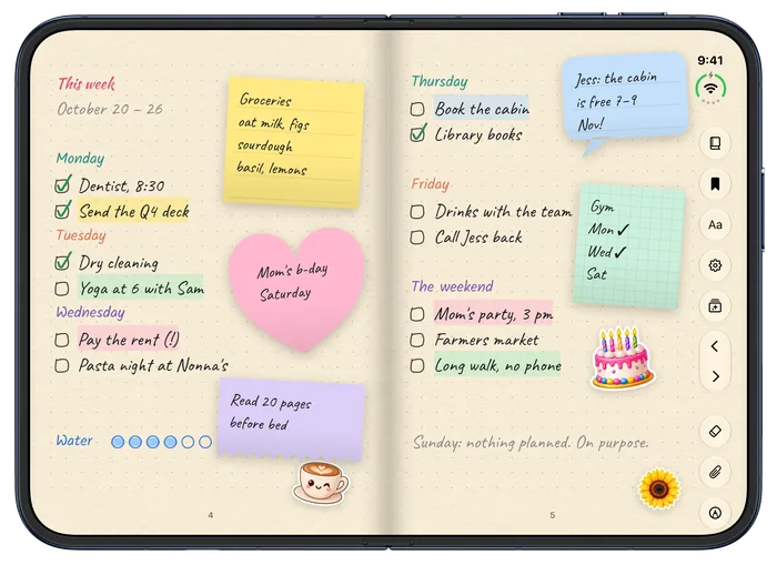 iPhone Duo, open: a weekly plan with yellow, pink, blue and green sticky notes and stickers