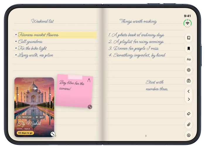 On iPhone Duo, open: the same weekend list, travel card and sticky note, beside things worth making