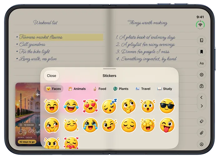 iPhone Duo, open: the Stickers sheet with the Faces pack