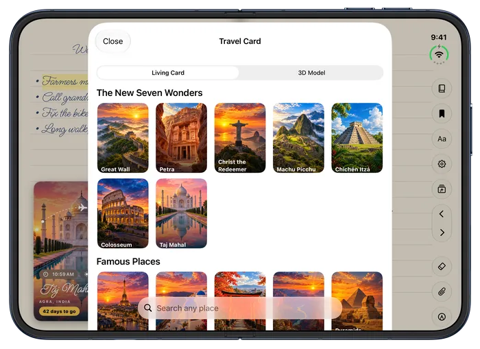 iPhone Duo, open: the Travel Card sheet with the New Seven Wonders and famous places