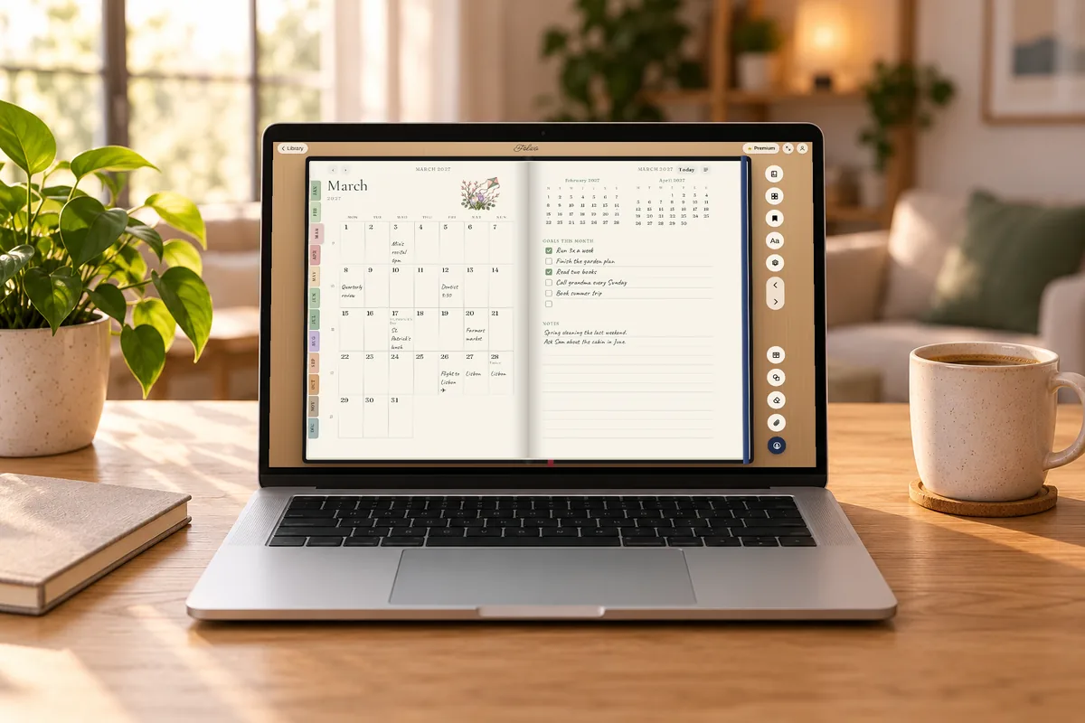 Foliva's 2027 weekly planner open to the March monthly spread in a web browser on a laptop, on a wooden desk with a coffee mug and a plant.