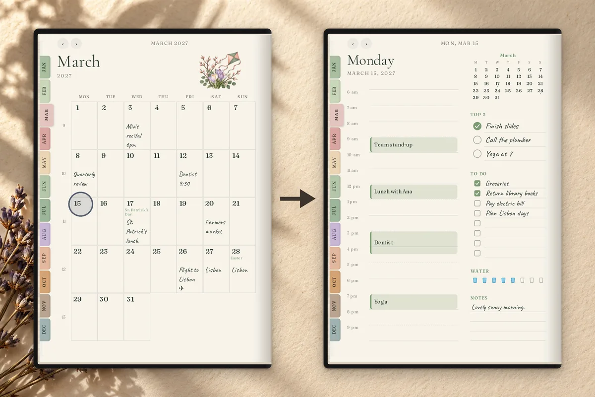 Before and after: tapping March 15 on the March 2027 month page (left) opens that day's page, Monday March 15 with its schedule, top 3, to-do list and water tracker (right).
