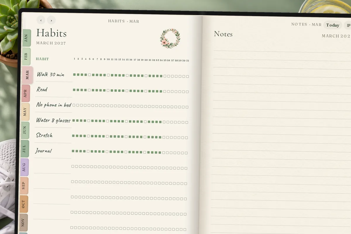 Close-up of the weekly planner's March habit tracker: a day-by-day grid for walk 30 min, read, no phone in bed, water 8 glasses, stretch and journal, with streaks filled in, on a sage table beside a succulent and running shoes.