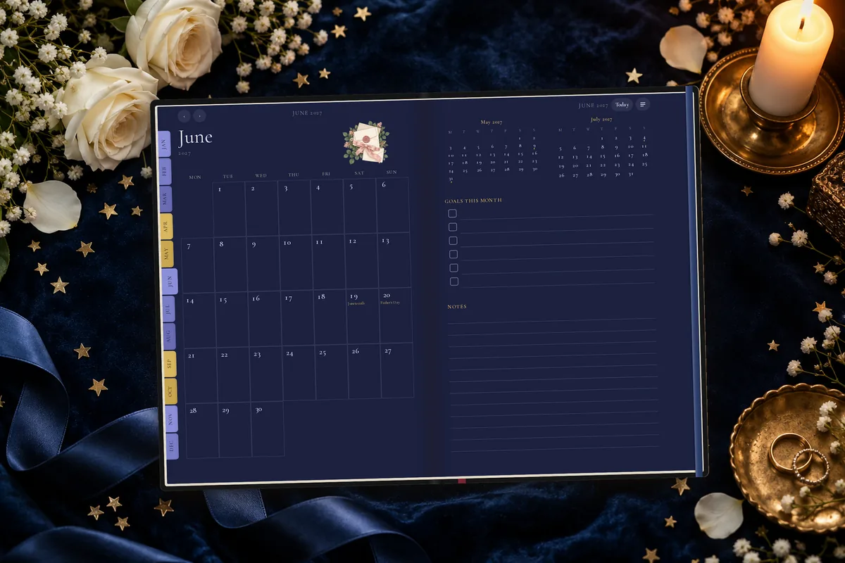 The wedding planner in the dark Midnight Celestial theme, open to its June month spread with goals and notes, on navy velvet with white roses, a candle and gold stars.