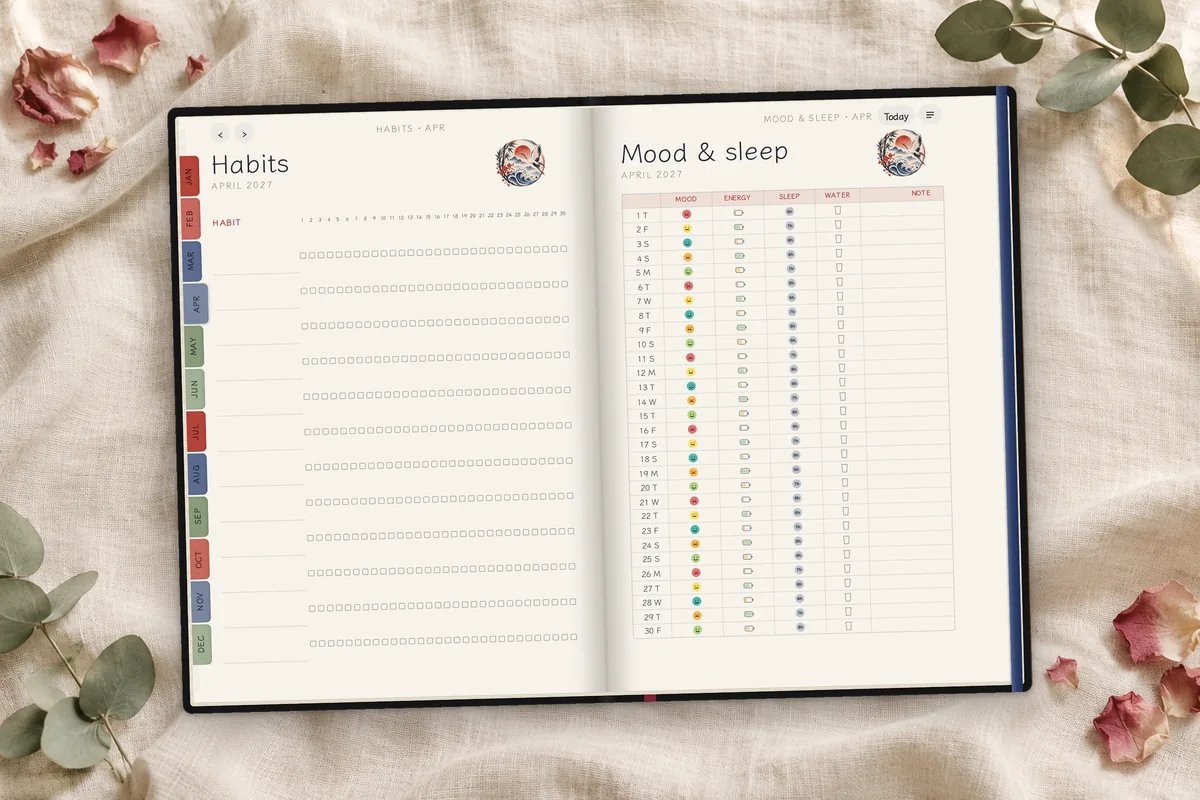 The habit tracker planner's April spread on linen: a 30-day habit grid on the left and a mood and sleep log with a colored mood, energy, sleep and water entry for every day on the right.