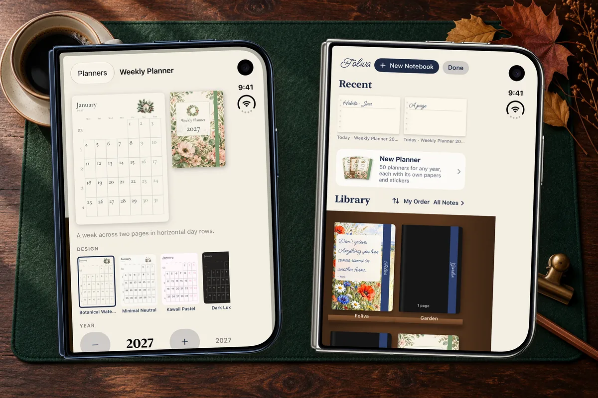 Foliva on folded iPhone Duo: the new-planner design picker previewing a floral 2027 Weekly Planner cover with year stepper (Night Sky), and the library shelf of planner covers (Star White), on a green felt desk mat.